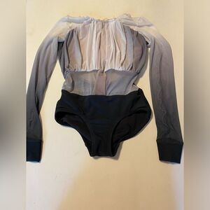 Patrick J designs dance costume black, white, ombre mesh, long sleeve leotard CL
